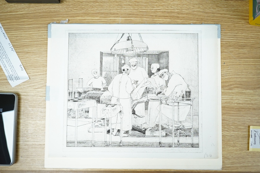 Edgar Holloway (1914-2008), drypoint etching, Operating Theatre, 1937, second state, inscribed '2nd' by the artist, 26 x 29cm, unframed. Condition - good. Full sheet 28 x 35cm.